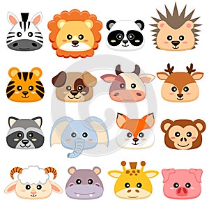 Cute cartoon animals head. Dog, pig, cow, deer, lion, sheep, tiger, panda, raccoon, monkey, fox, zebra, giraffe, elephant, hedgeho