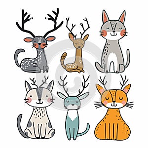 Cute cartoon animals, including deer cats, featuring antlers, cheerful faces, happy expressions