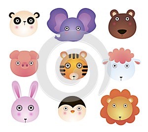 Cute cartoon animals, panda, elephant, bear, toy, tiger, lamb, lion, bunny. Cartoon zoo of cute animals