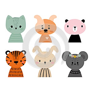 Cute cartoon animals for postcard, invitation, nursery, poster, t-shirt. Hand drawn characters of tiger, cat, dog, rabbit, bear