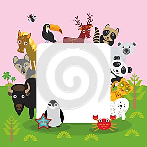 Cute Cartoon animals set toucan deer raccoon horse wolf Bison Penguin starfish crab seal leopard panda polar bear, frame, card des