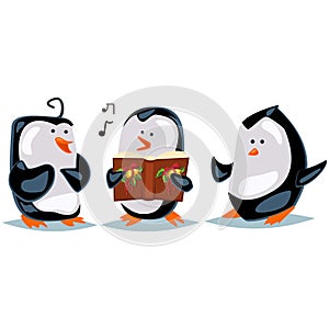 Cute cartoon animals sing Christmas carols. penguins Vector character