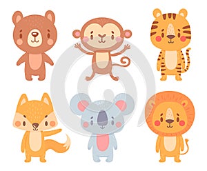 Cute cartoon animals. Wild adorable characters with smiling faces. Cartoon cute bear, monkey, tiger, fox, koala and lion