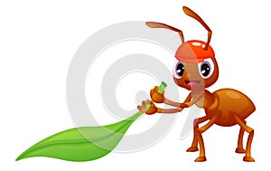 Cute cartoon ant with a hat is dragging a green leaf, smiling