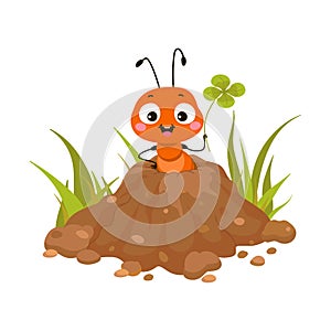 Cute cartoon ant looking from ground hill. Funny insect on ant hill with green plant. Nature forest or garden character