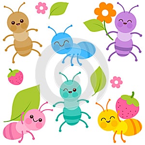 Cute cartoon ants. Colorful baby ant bugs collection with pretty flowers and strawberries. Vector illustration