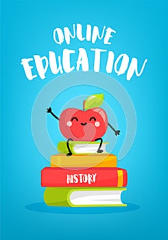 Cute cartoon apple sitting on stack of books. Online education banner.