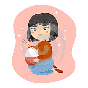 Cute cartoon asian girl with a pair of chopsticks and a big bowl of rice