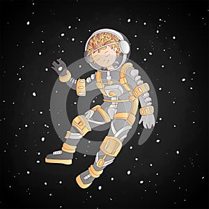 Cute cartoon asrtonaut girl floating in space vector illustration. Girl in space helmet among stars, in deep cosmos