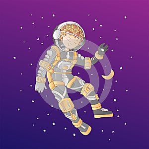 Cute cartoon asrtonaut girl floating in space vector illustration. Girl in space helmet among stars, in deep cosmos