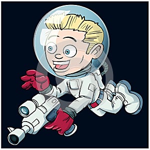 Cute cartoon astronaut floating in space with his raygun