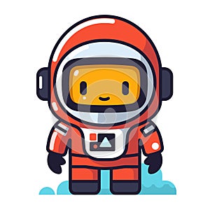 Cute cartoon astronaut standing, smiling face inside helmet, orange spacesuit, cheerful space photo