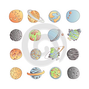 Cute cartoon astronomy planet icon set. Cartoon icons of different doodle planets, exo planets, planetary rings