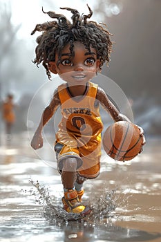 Cute Cartoon Athlete Boy Plays Basketball extreme closeup. Generative AI