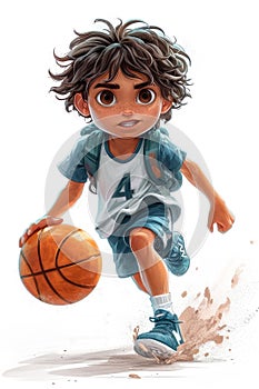 Cute Cartoon Athlete Boy Plays Basketball extreme closeup. Generative AI