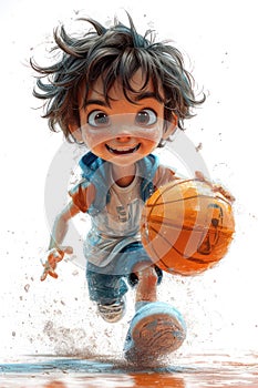 Cute Cartoon Athlete Boy Plays Basketball extreme closeup. Generative AI