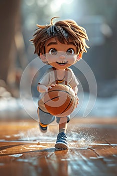 Cute Cartoon Athlete Boy Plays Basketball extreme closeup. Generative AI