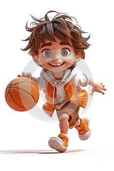 Cute Cartoon Athlete Boy Plays Basketball extreme closeup. Generative AI