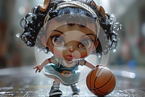 Cute Cartoon Athlete Girl Plays Basketball extreme closeup. Generative AI