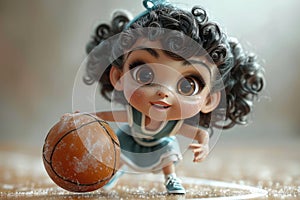 Cute Cartoon Athlete Girl Plays Basketball extreme closeup. Generative AI