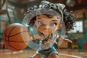 Cute Cartoon Athlete Girl Plays Basketball extreme closeup. Generative AI