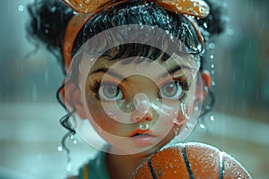 Cute Cartoon Athlete Girl Plays Basketball extreme closeup. Generative AI