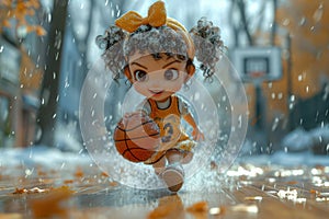 Cute Cartoon Athlete Girl Plays Basketball extreme closeup. Generative AI