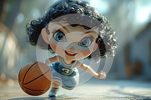 Cute Cartoon Athlete Girl Plays Basketball extreme closeup. Generative AI