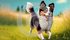 Cute Cartoon Australian Shepard Running through a Meadow, generative Ai