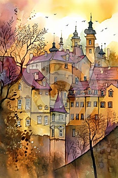 Cute cartoon autumn cityscape. Urban sketch. Europen city, vertical illustration in watercolor style. Generative AI photo