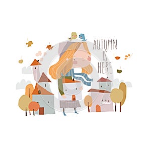 Cute Cartoon Autumn Girl with Little Houses