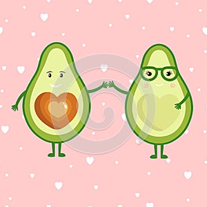 Cute cartoon avocado couple holding hands, Valentine s day greeting card. Avocado love with hearts vector illustration