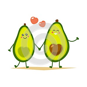 Cute cartoon avocado couple holding hands, Valentine s day greeting card. Avocado love with hearts vector illustration