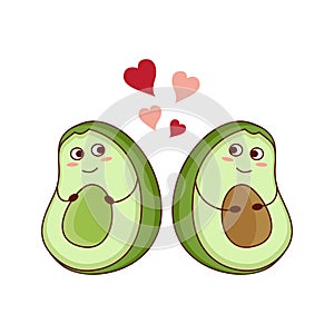 Cute cartoon avocado couple in love. Two avocado halves with heart, St. Valentines day greeting card. Isolated vector