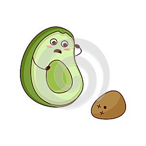 Cute cartoon avocado family, mother and child characters. Young parents, little baby. Frightened Avocad and the fallen