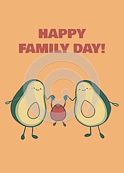 Cute cartoon avocado family, two parents and child. Parents holds child s hands. Happy eco family concept. Funny adorable faces