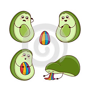 Cute cartoon avocado family, two parents and a rainbow child. Young parents, little baby. Frightened Avocado. Avocado