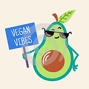 Cute cartoon avocado vector icon. Cool vegetable in sunglasses holds a banner. Vegan vibes. A funny green fruit with a seed grins