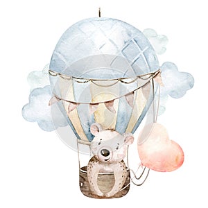 Cute cartoon baby bear animal hand drawn watercolor bunny illustration with air balloon. kids nursery wear fashion