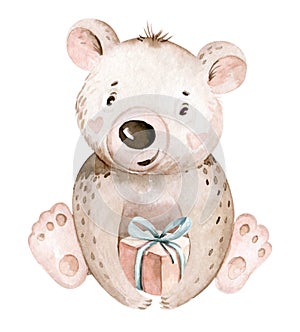 Cute cartoon baby bear animal hand drawn watercolor illustration with birthday gift. kids nursery wear fashion design, baby shower