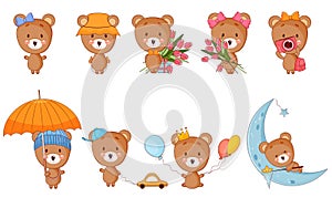 Cute cartoon baby bear set. Vector illustration.