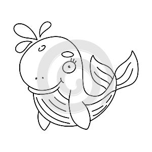 Cute cartoon baby blue whale. Animal print. Vector illustration isolated on a white background.