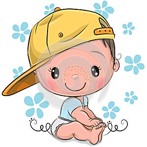 Cute Cartoon Baby boy is sitting with yellow cap