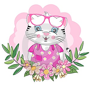 Cute cartoon baby cat in sunglasses with beautiful flowers.