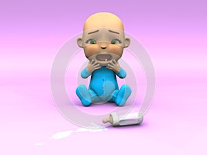 Cute cartoon baby crying over spilt milk.