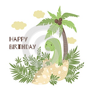 Cute cartoon baby dinosaur hatching from egg