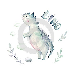 Cute cartoon baby dinosaurs collection watercolor baby shower invite, hand painted dino isolated on a white background