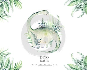 Cute cartoon baby dinosaurs collection watercolor baby shower invite, hand painted dino isolated on a white background