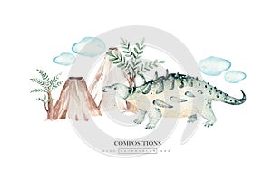 Cute cartoon baby dinosaurs collection watercolor baby shower invite, hand painted dino isolated on a white background for nursery