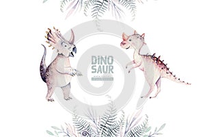 Cute cartoon baby dinosaurs collection watercolor illustration, hand painted dino isolated on a white background for